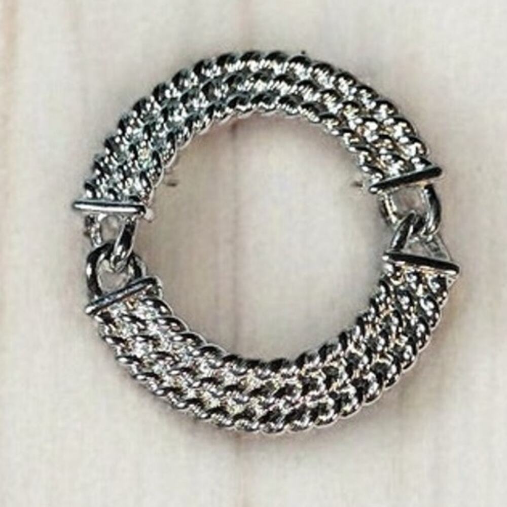 Woven Circle Brooch Vintage Silver Tone Textured Round Statement Pin